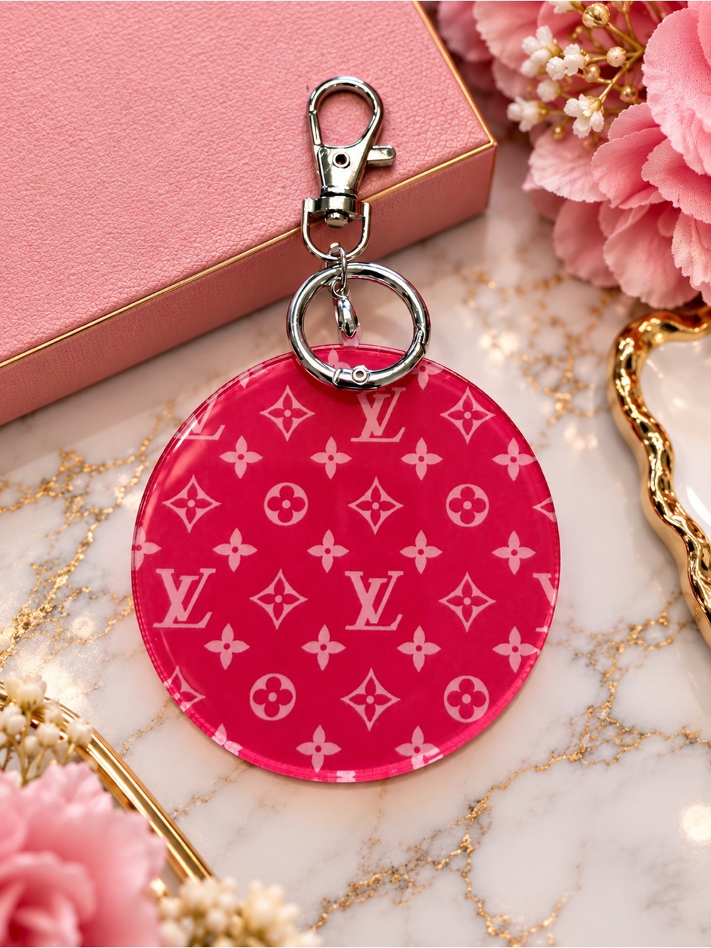 Pink Monogram Acrylic Bag Charm Keychain | Silver Hardware